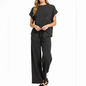 Zenana Cotton Slub Short Sleeve Tee and Pants Set
